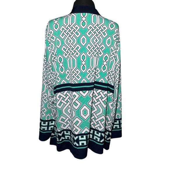 Susan Graver Liquid Knit Geometric Open Cardigan Sz 1X Teal Green Black Stretch - Picture 4 of 8